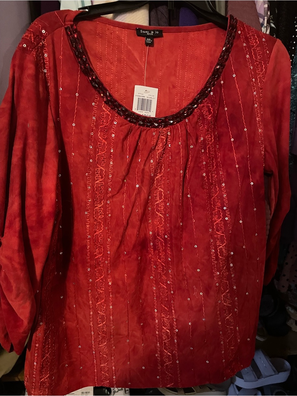 Sami & Jo Red Embellished Scoop-Neck Women’s Top - Petite XL